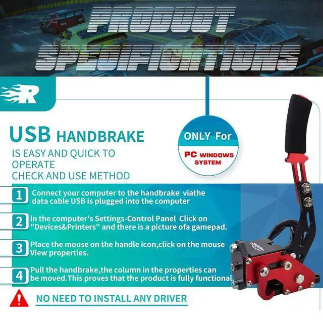 Alt view image 2 of 6 - PC Racing Game USB Handbrake for 16Bit SIM for Racing Games, Compatible with G27 G29 G920 G923 T500 T300 Simulate Linear Handbrake RedWith Fixing Clip and Plate