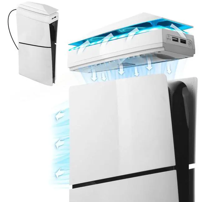 Main image of Console Cooling Fan for PS5 Slim with Dust Cover Colorful LED Light for PS5 Slim Console Disc Edition & Digital Edition Silent Absorb Fan Cooler with 2 USB Port Playstation 5 Slim Cooling System