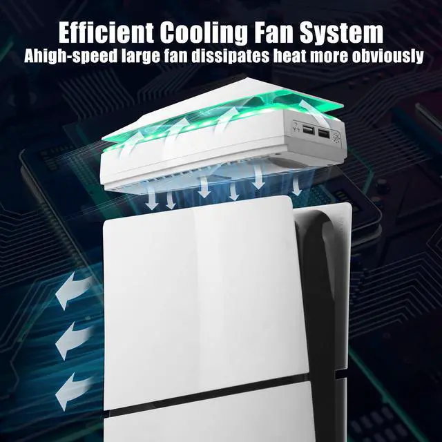 Alt view image 2 of 7 - Console Cooling Fan for PS5 Slim with Dust Cover Colorful LED Light for PS5 Slim Console Disc Edition & Digital Edition Silent Absorb Fan Cooler with 2 USB Port Playstation 5 Slim Cooling System