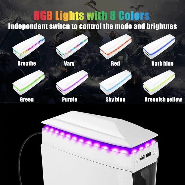 Alt view image 3 of 7 - Console Cooling Fan for PS5 Slim with Dust Cover Colorful LED Light for PS5 Slim Console Disc Edition & Digital Edition Silent Absorb Fan Cooler with 2 USB Port Playstation 5 Slim Cooling System