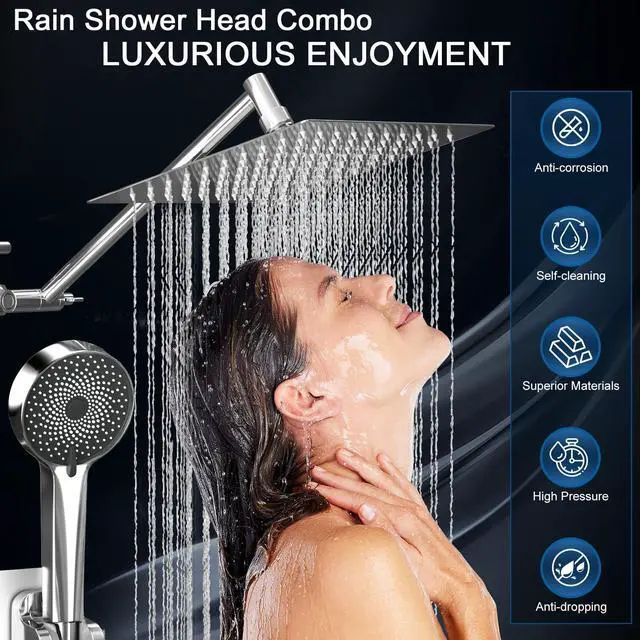 Alt view image 2 of 7 - Shower Head, Rain Shower Head with Handheld Spray Combo, 10 Inch Adjustable High Pressure Rainfall Shower Head, Dual Showerhead Set with Extension Arm and 60 Inch Long Shower Hose (Silver)