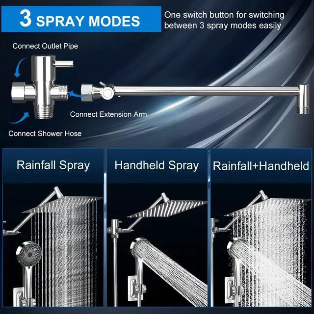 Alt view image 3 of 7 - Shower Head, Rain Shower Head with Handheld Spray Combo, 10 Inch Adjustable High Pressure Rainfall Shower Head, Dual Showerhead Set with Extension Arm and 60 Inch Long Shower Hose (Silver)