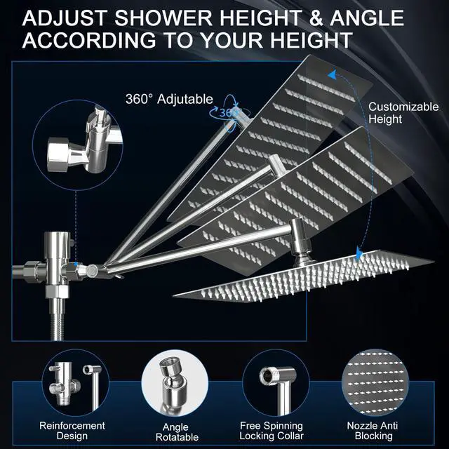 Alt view image 6 of 7 - Shower Head, Rain Shower Head with Handheld Spray Combo, 10 Inch Adjustable High Pressure Rainfall Shower Head, Dual Showerhead Set with Extension Arm and 60 Inch Long Shower Hose (Silver)