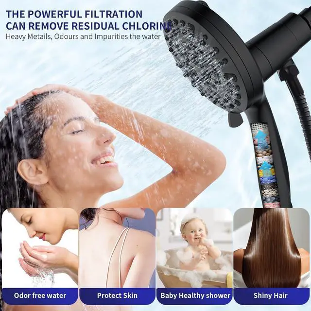 Alt view image 2 of 7 - Filtered Shower Head with Handheld, Magnetic Adjustable, Matte black | High Pressure 9 Spray Modes, Hard Water Softener 10-Stage Filtration, Anti-Clog Nozzles, 60-Inch Long Hose