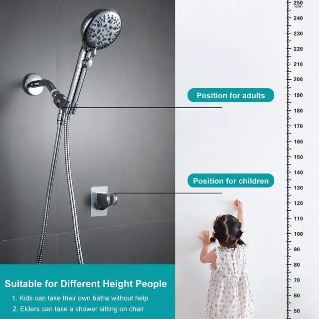 Alt view image 2 of 7 - GwernKB Handheld Shower Head with On Off Switch 8-Mode High Pressure Showerhead with 79 Inches Extra-long Stainless Steel Hose and Bracket PLUS Extra Low-Reach Adhesive Wall Mount for Kids,Silver