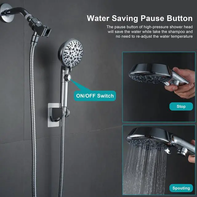 Alt view image 3 of 7 - GwernKB Handheld Shower Head with On Off Switch 8-Mode High Pressure Showerhead with 79 Inches Extra-long Stainless Steel Hose and Bracket PLUS Extra Low-Reach Adhesive Wall Mount for Kids,Silver