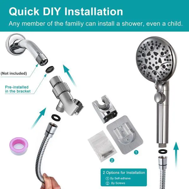 Alt view image 6 of 7 - GwernKB Handheld Shower Head with On Off Switch 8-Mode High Pressure Showerhead with 79 Inches Extra-long Stainless Steel Hose and Bracket PLUS Extra Low-Reach Adhesive Wall Mount for Kids,Silver