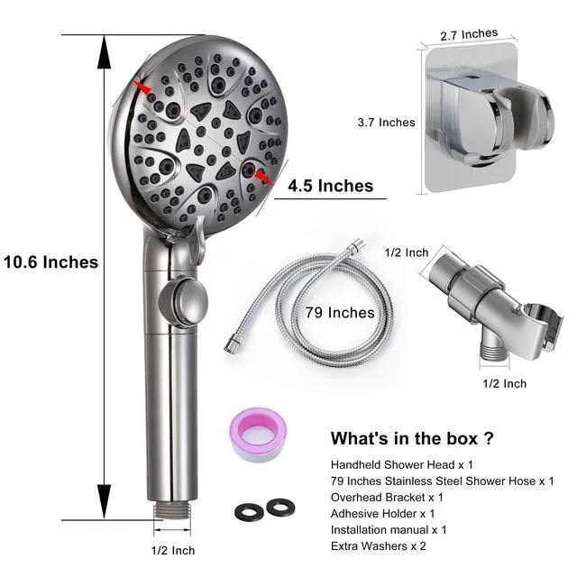 Alt view image 7 of 7 - GwernKB Handheld Shower Head with On Off Switch 8-Mode High Pressure Showerhead with 79 Inches Extra-long Stainless Steel Hose and Bracket PLUS Extra Low-Reach Adhesive Wall Mount for Kids,Silver