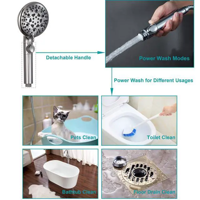 Alt view image 5 of 7 - GwernKB Handheld Shower Head with On Off Switch 8-Mode High Pressure Showerhead with 79 Inches Extra-long Stainless Steel Hose and Bracket PLUS Extra Low-Reach Adhesive Wall Mount for Kids,Silver