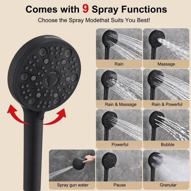 Alt view image 3 of 7 - 12 Inch Rain Shower Head High Pressure Dual Shower Heads Rainfall Showerhead with 9 Sprays Handheld Spray Combo & 70"Long Fixed Showerheads Hose, Matte Black Bathroom Accessories