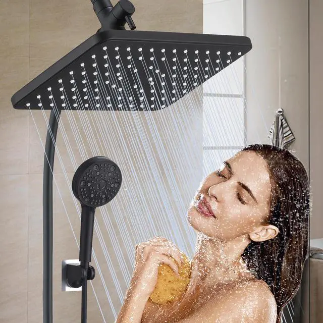 Alt view image 6 of 7 - 12 Inch Rain Shower Head High Pressure Dual Shower Heads Rainfall Showerhead with 9 Sprays Handheld Spray Combo & 70"Long Fixed Showerheads Hose, Matte Black Bathroom Accessories