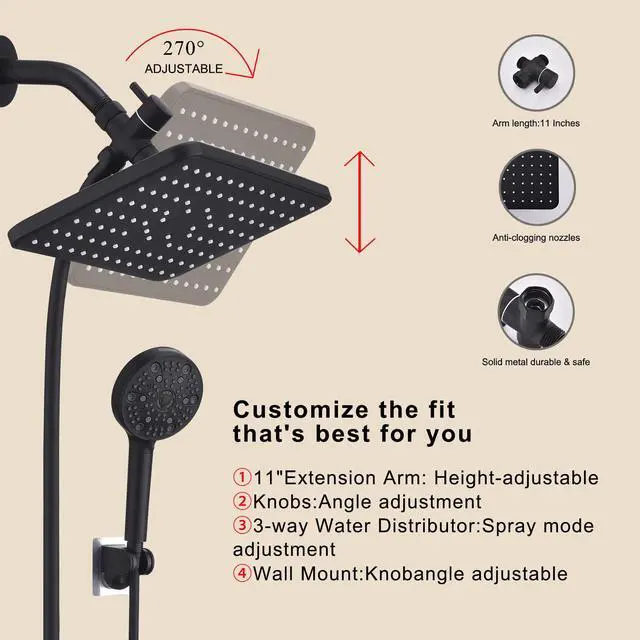 Alt view image 7 of 7 - 12 Inch Rain Shower Head High Pressure Dual Shower Heads Rainfall Showerhead with 9 Sprays Handheld Spray Combo & 70"Long Fixed Showerheads Hose, Matte Black Bathroom Accessories