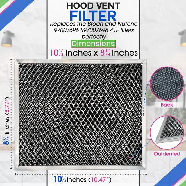 Alt view image 3 of 6 - Stove Hood Vent Filter 10.5" x 8.8" 41F 97007696 Fit's Nutone & Broan Range Hood Filter Replacement for Ductless Exhaust Fan - Mesh Screen Filters Grease & Carbon Freshens Kitchen Oven Air (2-Pack)