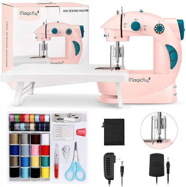Main image of Mini Sewing Machine with Extension Table, Dual Speed Portable Sewing Machine for Beginners with Light, Sewing Kit for Household Use, Pink