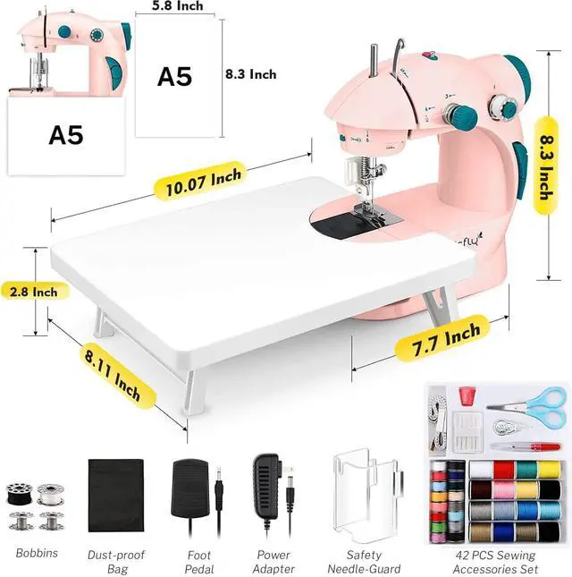 Alt view image 2 of 7 - Mini Sewing Machine with Extension Table, Dual Speed Portable Sewing Machine for Beginners with Light, Sewing Kit for Household Use, Pink