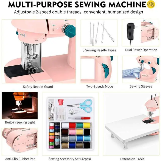 Alt view image 3 of 7 - Mini Sewing Machine with Extension Table, Dual Speed Portable Sewing Machine for Beginners with Light, Sewing Kit for Household Use, Pink