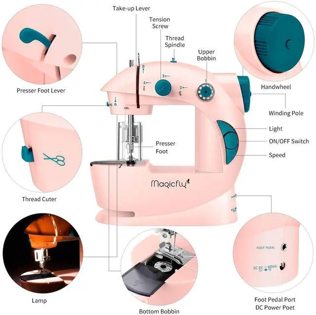 Alt view image 7 of 7 - Mini Sewing Machine with Extension Table, Dual Speed Portable Sewing Machine for Beginners with Light, Sewing Kit for Household Use, Pink