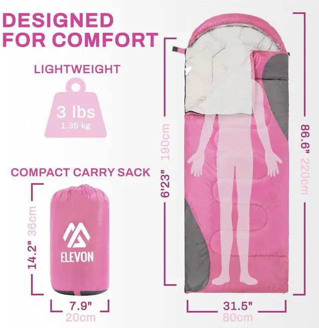 Alt view image 2 of 7 - Sleeping Bag for Adults Teens Kids Cold Warm Weather, Portable Waterproof & Lightweight, Pink