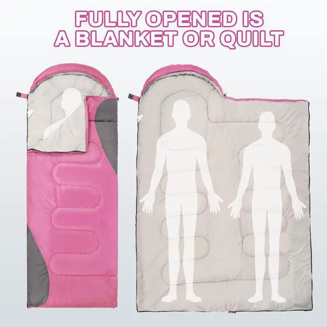 Alt view image 4 of 7 - Sleeping Bag for Adults Teens Kids Cold Warm Weather, Portable Waterproof & Lightweight, Pink