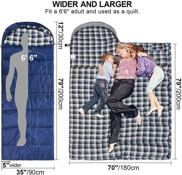 Alt view image 2 of 7 - Cotton Flannel Sleeping Bag for Adults, XL 32F Comfortable, Envelope with Compression Sack Blue 2lbs(95"x35")