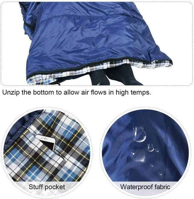 Alt view image 7 of 7 - Cotton Flannel Sleeping Bag for Adults, XL 32F Comfortable, Envelope with Compression Sack Blue 2lbs(95"x35")