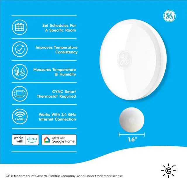 Alt view image 2 of 7 - GE Smart Temperature Sensor, Works with Cync Smart Thermostat (Required and Sold Separately) to Reduce Hot and Cold Spots, Easy Mounting and DIY Installation, White