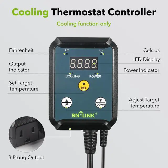 Alt view image 2 of 7 - Digital Cooling Thermostat Controller, Temperature Controlled Outlet for Attic Fan, Exhaust Fan, Cooling Devices 40-108°F, 8.3A 1000W