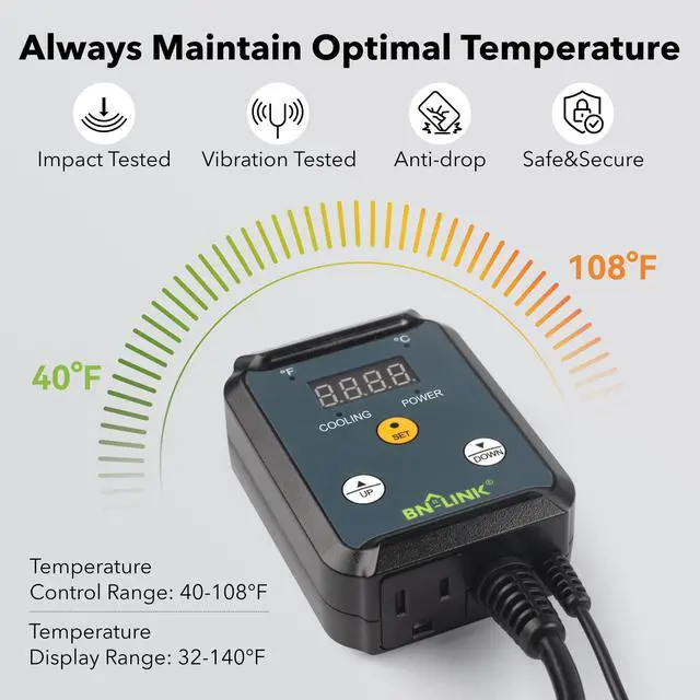 Alt view image 3 of 7 - Digital Cooling Thermostat Controller, Temperature Controlled Outlet for Attic Fan, Exhaust Fan, Cooling Devices 40-108°F, 8.3A 1000W