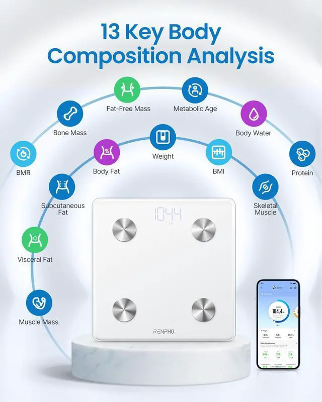 Alt view image 2 of 7 - Smart Scale, Digital Bathroom Scale for Weight, Scale with BMI, Body Fat, Muscle Mass, Body Composition Analysis, Highly Accurate Bluetooth Scale with APP, 400lbs, White-Elis 1