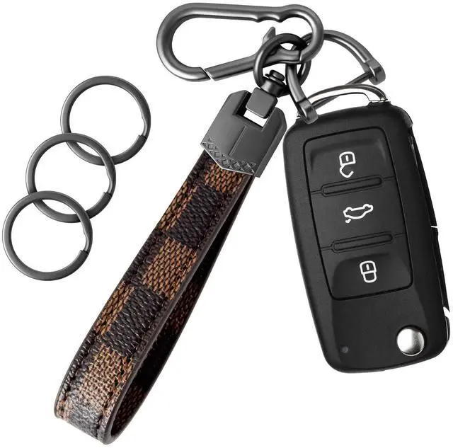 Main image of Leather Car Key chain,Carabiner Clip Key Fob Keychain for Home Car Keys Women Men (Grid Brown)