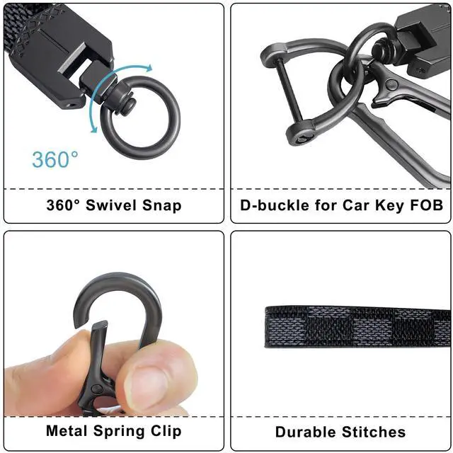 Alt view image 2 of 6 - Leather Car Key chain,Carabiner Clip Key Fob Keychain for Home Car Keys Women Men (Grid Black)