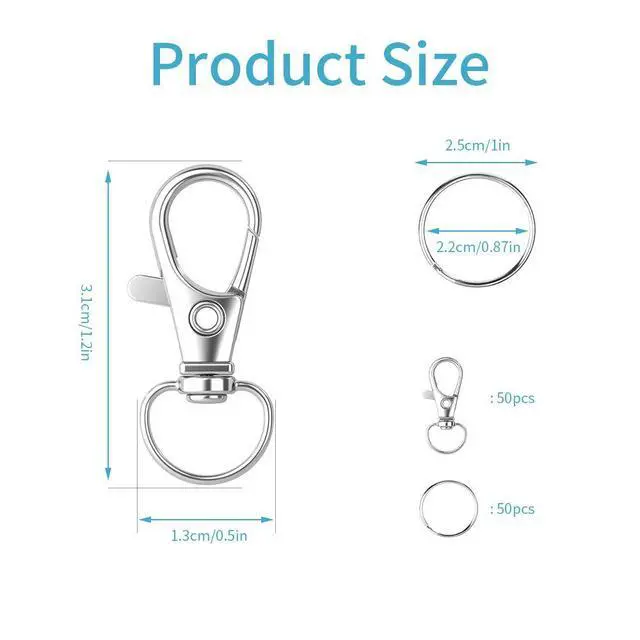 Alt view image 2 of 7 - 100PCS Keychain Hooks with Key Rings,Metal Swivel Lobster Claw Clasps, for Keychain Clip Lanyard, Jewelry Making, Crafts (Silver)