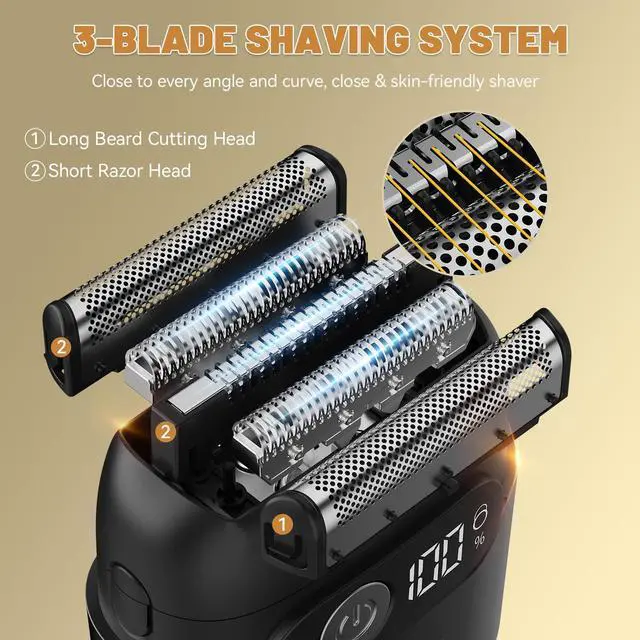 Alt view image 3 of 7 - Electric Foil Shavers for Men, Upgraded Mini Electric Razor with 3 Floating Blades, LED Display, USB-C Fast Rechargeable, Portable Electric Shavers for Beard/Face (BlackPro)