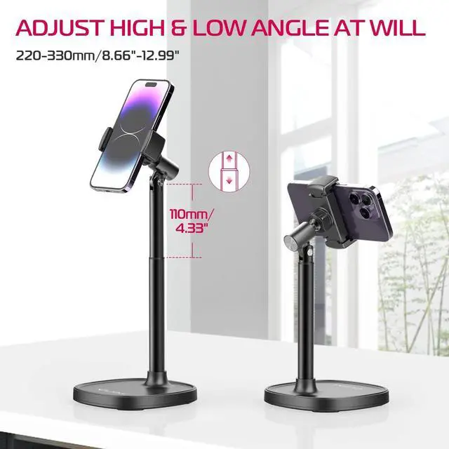 Alt view image 2 of 7 - Cell Phone Stand Mount for Desk, Vijim HP004 Adjustable Height & Angle Phone Holder, 360 Degree Rotating Desktop Phone Stand Compatible with iPhone, Samsung and All Phones