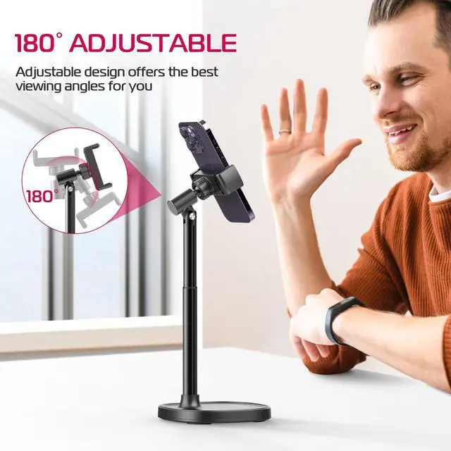 Alt view image 3 of 7 - Cell Phone Stand Mount for Desk, Vijim HP004 Adjustable Height & Angle Phone Holder, 360 Degree Rotating Desktop Phone Stand Compatible with iPhone, Samsung and All Phones