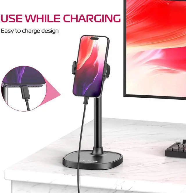 Alt view image 6 of 7 - Cell Phone Stand Mount for Desk, Vijim HP004 Adjustable Height & Angle Phone Holder, 360 Degree Rotating Desktop Phone Stand Compatible with iPhone, Samsung and All Phones