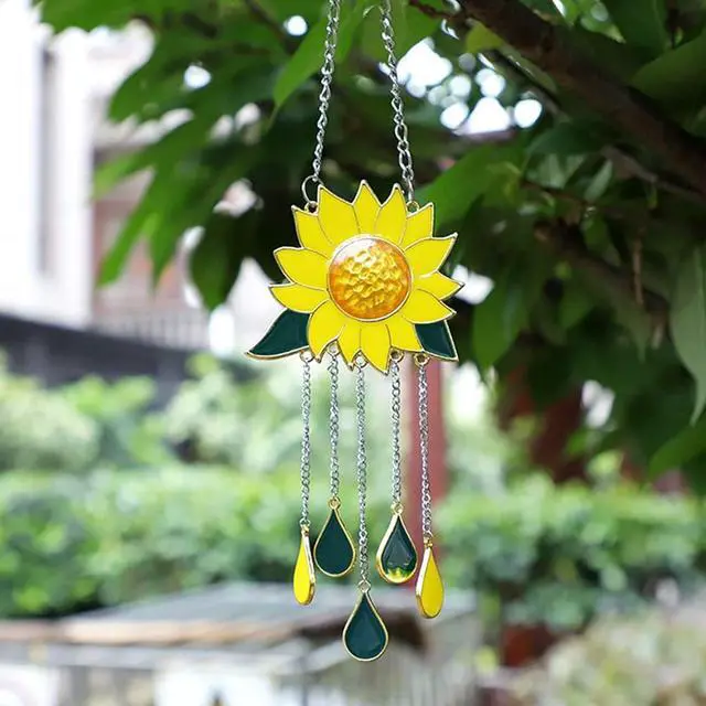 Alt view image 2 of 7 - Sunflower Wind Chimes Ornaments, Stained Glass Dripping Sunflower Pendant Window Hanging Panel Decoration with Chain, Flower Wind Chimes Art Decorations for Garden Patio Decor