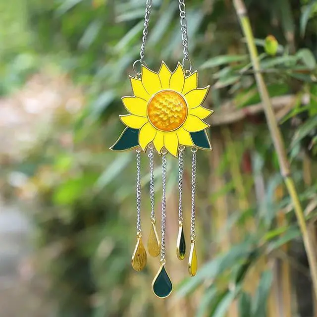 Alt view image 3 of 7 - Sunflower Wind Chimes Ornaments, Stained Glass Dripping Sunflower Pendant Window Hanging Panel Decoration with Chain, Flower Wind Chimes Art Decorations for Garden Patio Decor