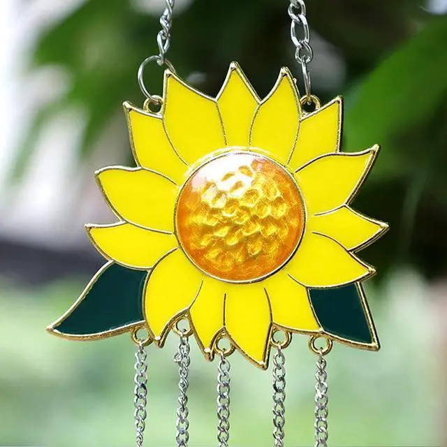 Alt view image 5 of 7 - Sunflower Wind Chimes Ornaments, Stained Glass Dripping Sunflower Pendant Window Hanging Panel Decoration with Chain, Flower Wind Chimes Art Decorations for Garden Patio Decor