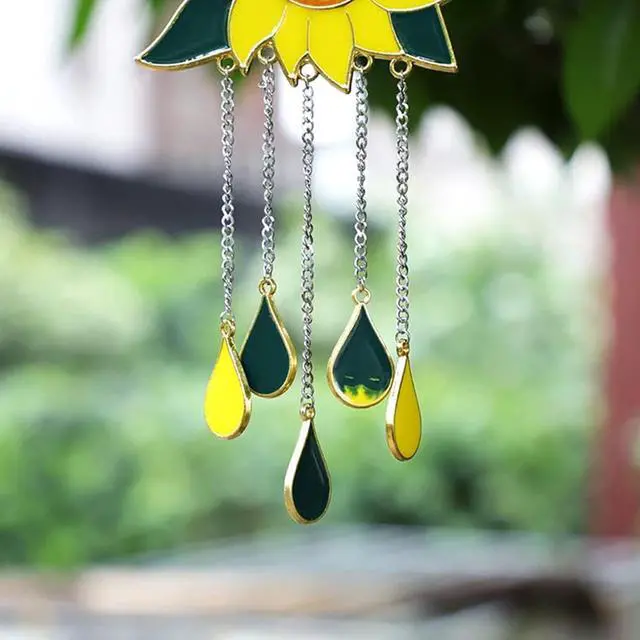 Alt view image 4 of 7 - Sunflower Wind Chimes Ornaments, Stained Glass Dripping Sunflower Pendant Window Hanging Panel Decoration with Chain, Flower Wind Chimes Art Decorations for Garden Patio Decor