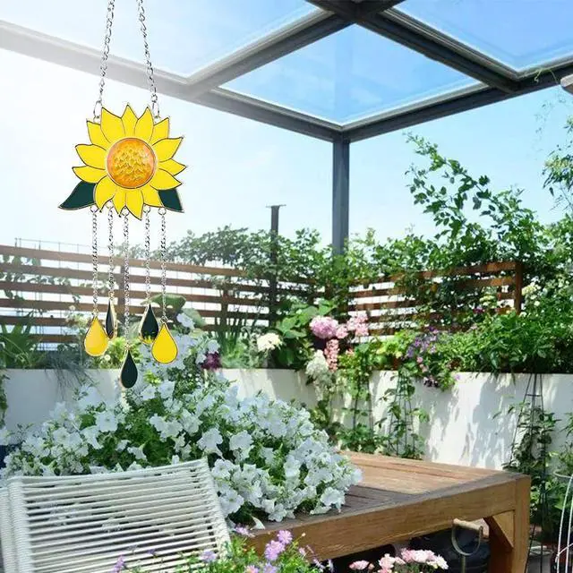 Alt view image 6 of 7 - Sunflower Wind Chimes Ornaments, Stained Glass Dripping Sunflower Pendant Window Hanging Panel Decoration with Chain, Flower Wind Chimes Art Decorations for Garden Patio Decor
