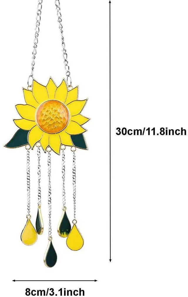 Alt view image 7 of 7 - Sunflower Wind Chimes Ornaments, Stained Glass Dripping Sunflower Pendant Window Hanging Panel Decoration with Chain, Flower Wind Chimes Art Decorations for Garden Patio Decor
