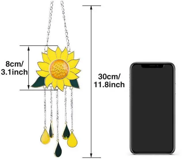 Alt view image 2 of 7 - Sunflower Wind Chimes Ornaments, Small Beautiful Stained Glass Window Hanging Panel Decoration with Chain for Home Panel Patio Porch Garden Backyard Decor Gift(Size:30 x 8 cm)