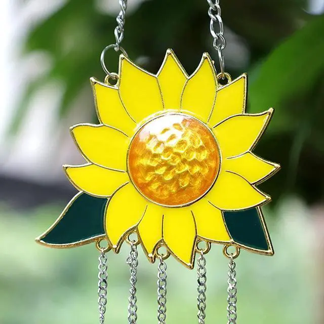 Alt view image 4 of 7 - Sunflower Wind Chimes Ornaments, Small Beautiful Stained Glass Window Hanging Panel Decoration with Chain for Home Panel Patio Porch Garden Backyard Decor Gift(Size:30 x 8 cm)