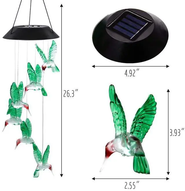 Alt view image 2 of 6 - LED Solar Hummingbird Wind Chime, 25" Mobile Hanging Wind Chime for Home Garden Decoration, Automatic Light Changing Color(Hummingbird)