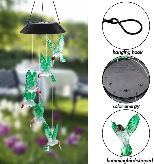 Alt view image 3 of 6 - LED Solar Hummingbird Wind Chime, 25" Mobile Hanging Wind Chime for Home Garden Decoration, Automatic Light Changing Color(Hummingbird)