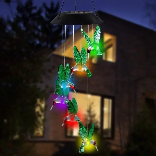 Alt view image 5 of 6 - LED Solar Hummingbird Wind Chime, 25" Mobile Hanging Wind Chime for Home Garden Decoration, Automatic Light Changing Color(Hummingbird)