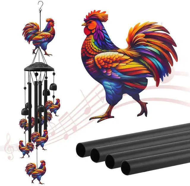 Main image of Chicken Wind Chimes for Outside, Black Metal Windchimes Outdoors, Chickens Gifts for Women/Men, Garden/Yard Decor, Memorial/Birthday Gifts for Grandma/Mom, Durable Chimes for Outdoors