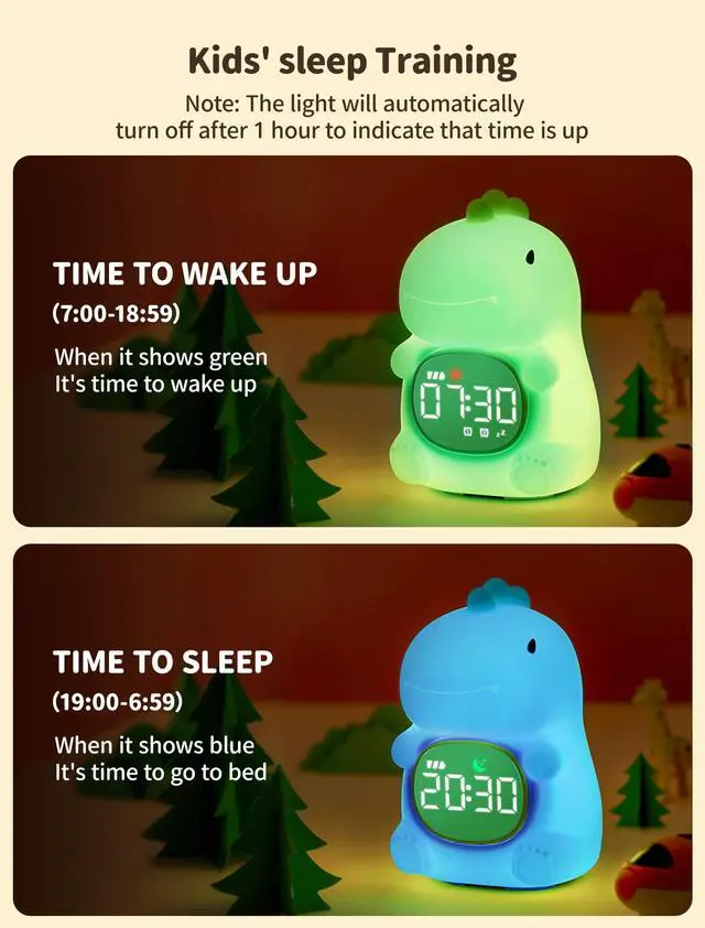 Alt view image 3 of 7 - Dinosaur Alarm Clock with Night Light, Toddler Sleep Training Clock with Sun & Moon, Sleep Sound Machine, ok to Wake Clock for Kids, Digital Alarm Clocks for Bedrooms,Gift Ideas for Kids Child