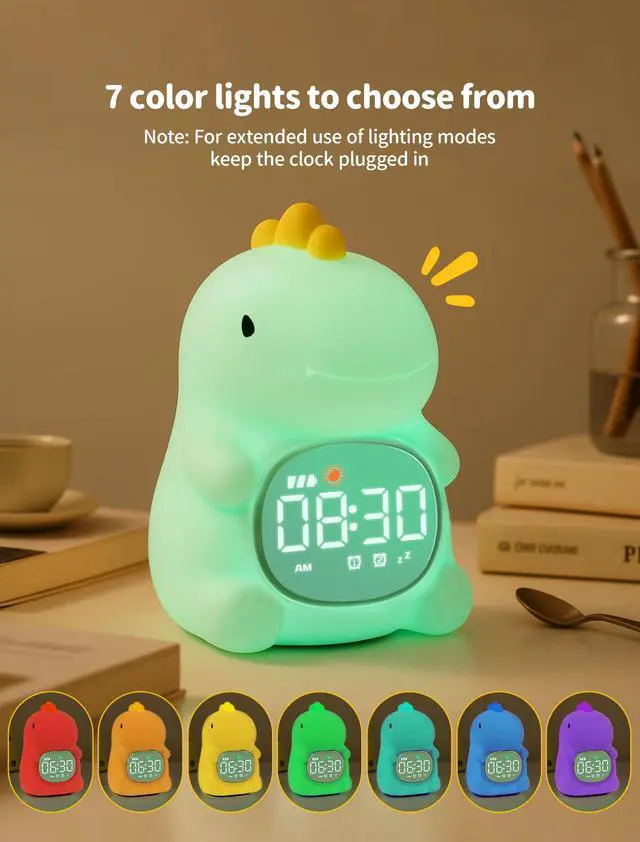Alt view image 5 of 7 - Dinosaur Alarm Clock with Night Light, Toddler Sleep Training Clock with Sun & Moon, Sleep Sound Machine, ok to Wake Clock for Kids, Digital Alarm Clocks for Bedrooms,Gift Ideas for Kids Child